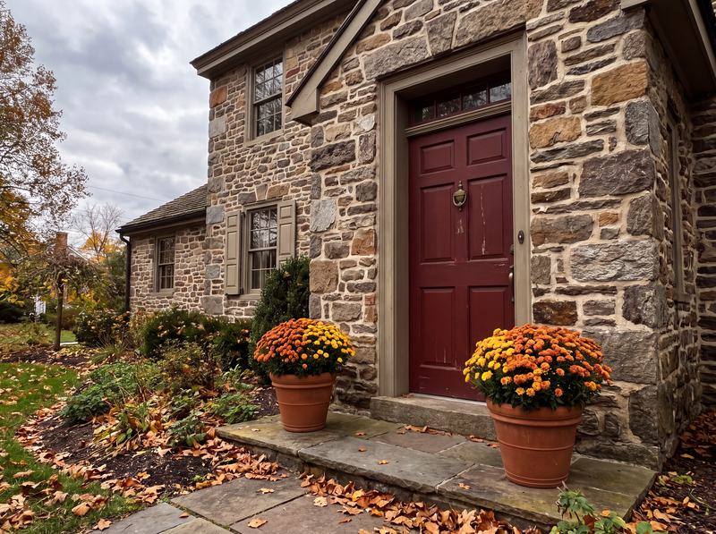 The front entrance of a stone colonial house with a dark red door and two pots of orange and yellow mums on the step