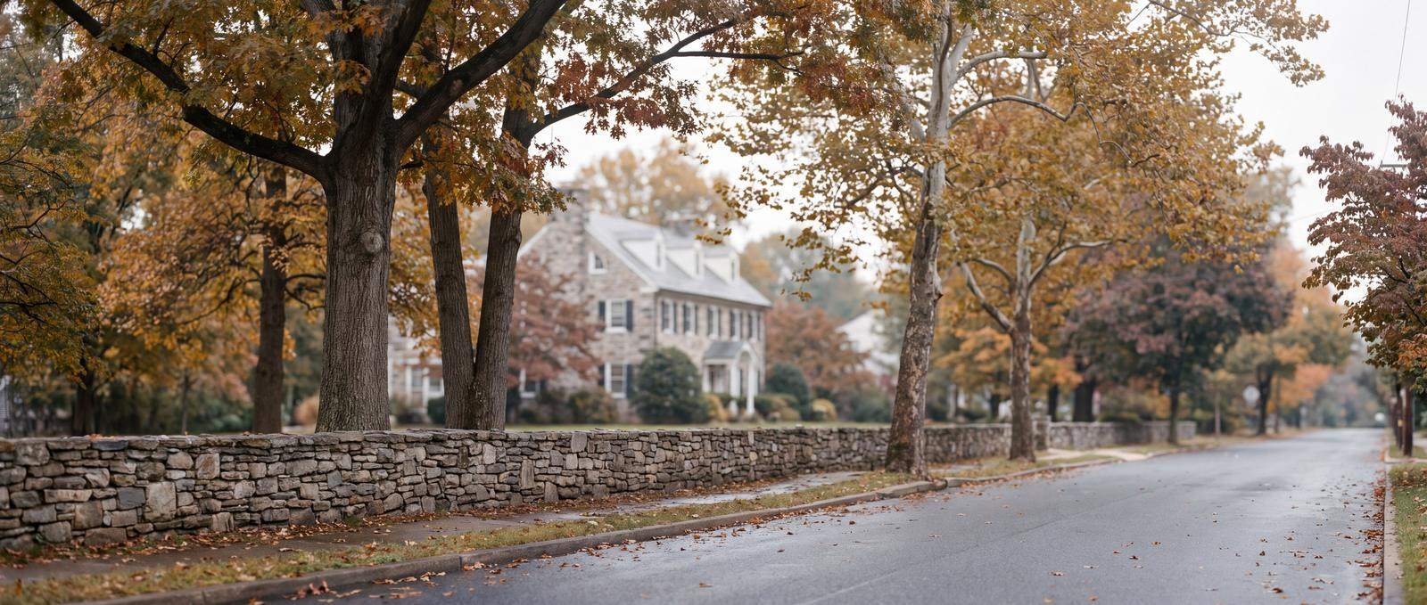 A quiet tree-lined street in autumn with a low fieldstone wall and a stone colonial house behind it